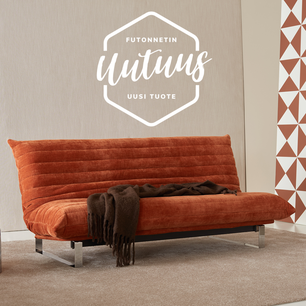 Quiltus irtopäällinen puettuna futonpatjan päälle. Kuvassa myös erikseen tilattavat Minimum runko ja rungon istuinosan suojus. Kangas Esina Rust.