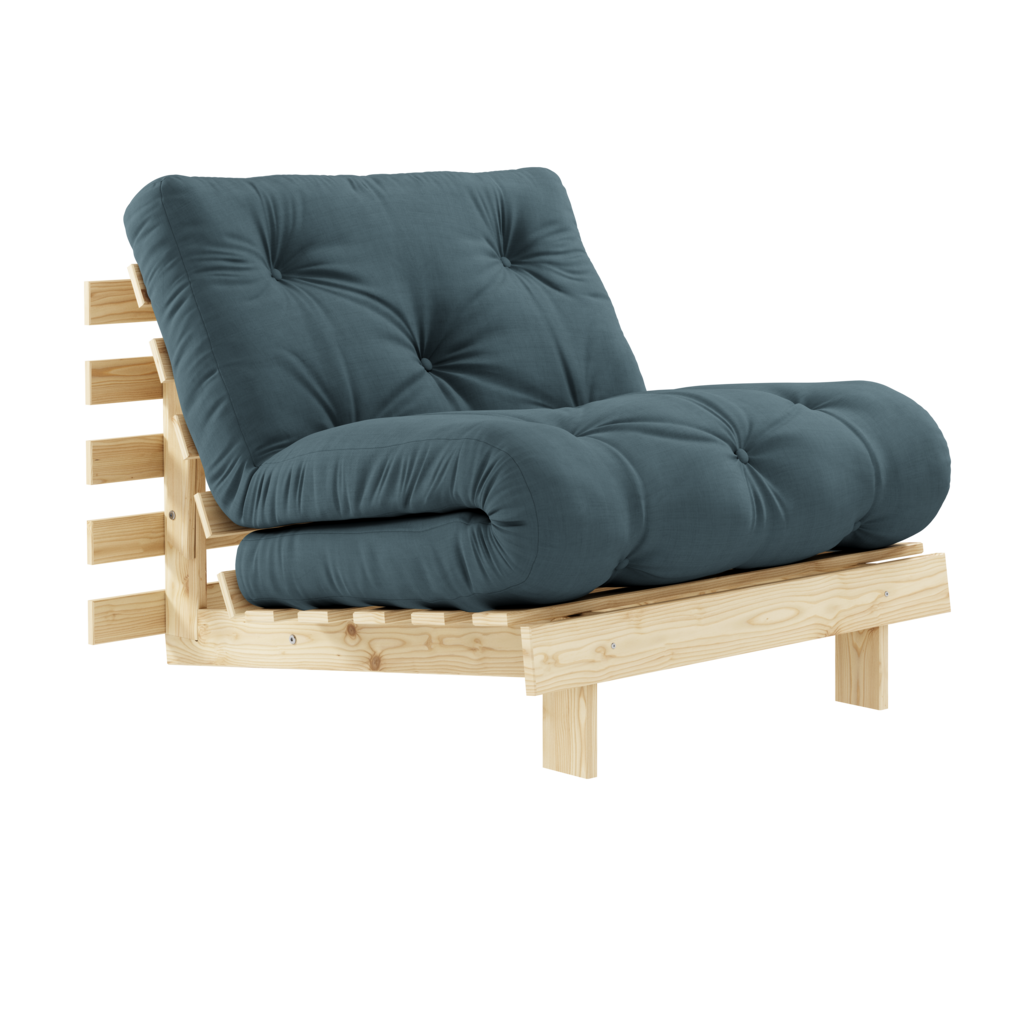 Futonpatja 90x200cm, kangas Petrol Blue. Kuvassa myös käsittelemätön Roots 90 vuodetuolin runko. (Hinta sisältää vain patjan.)