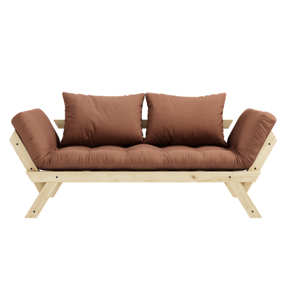 Bebop vuodesohvan futonpatja ja tyynyt, kangas Clay Brown. Kuvassa myös Bebop vuodesohvan luonnonväriseksi lakattu runko. (Hinta sisältää vain futonpatjan ja kaksi tyynyä.)