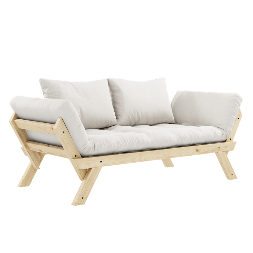 Bebop vuodesohvan futonpatja ja tyynyt, kangas Natural. Kuvassa myös Bebop vuodesohvan luonnonväriseksi lakattu runko. (Hinta sisältää vain futonpatjan ja kaksi tyynyä.)