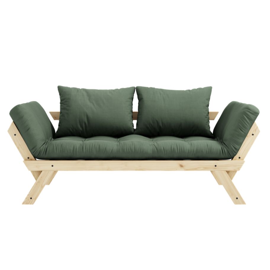 Bebop vuodesohvan futonpatja ja tyynyt, kangas Olive Green. Kuvassa myös Bebop vuodesohvan luonnonväriseksi lakattu runko. (Hinta sisältää vain futonpatjan ja kaksi tyynyä.)