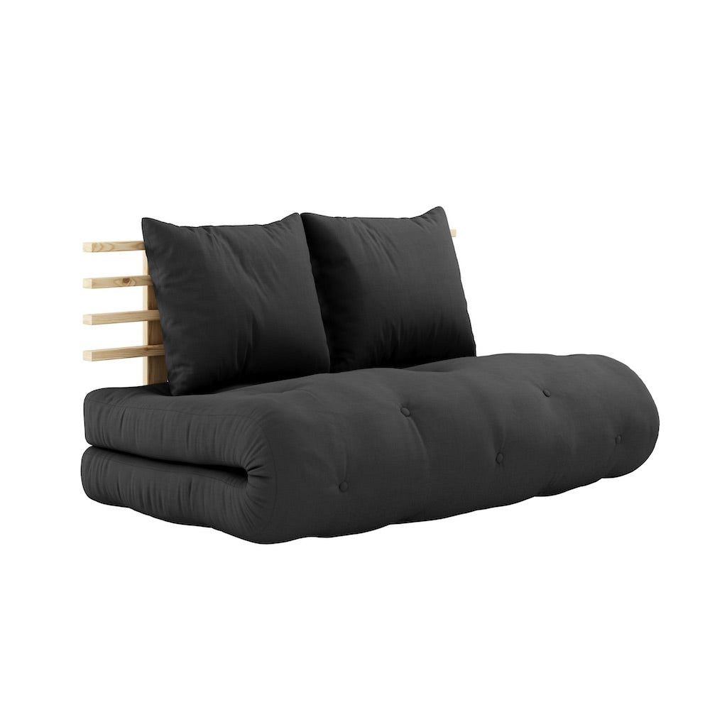 Shin Sano vuodesohvan futonpatja, kangas Dark Grey. Kuvassa myös Shin Sano vuodesohvan runko. (Hinta sisältää vain futonpatjan.)