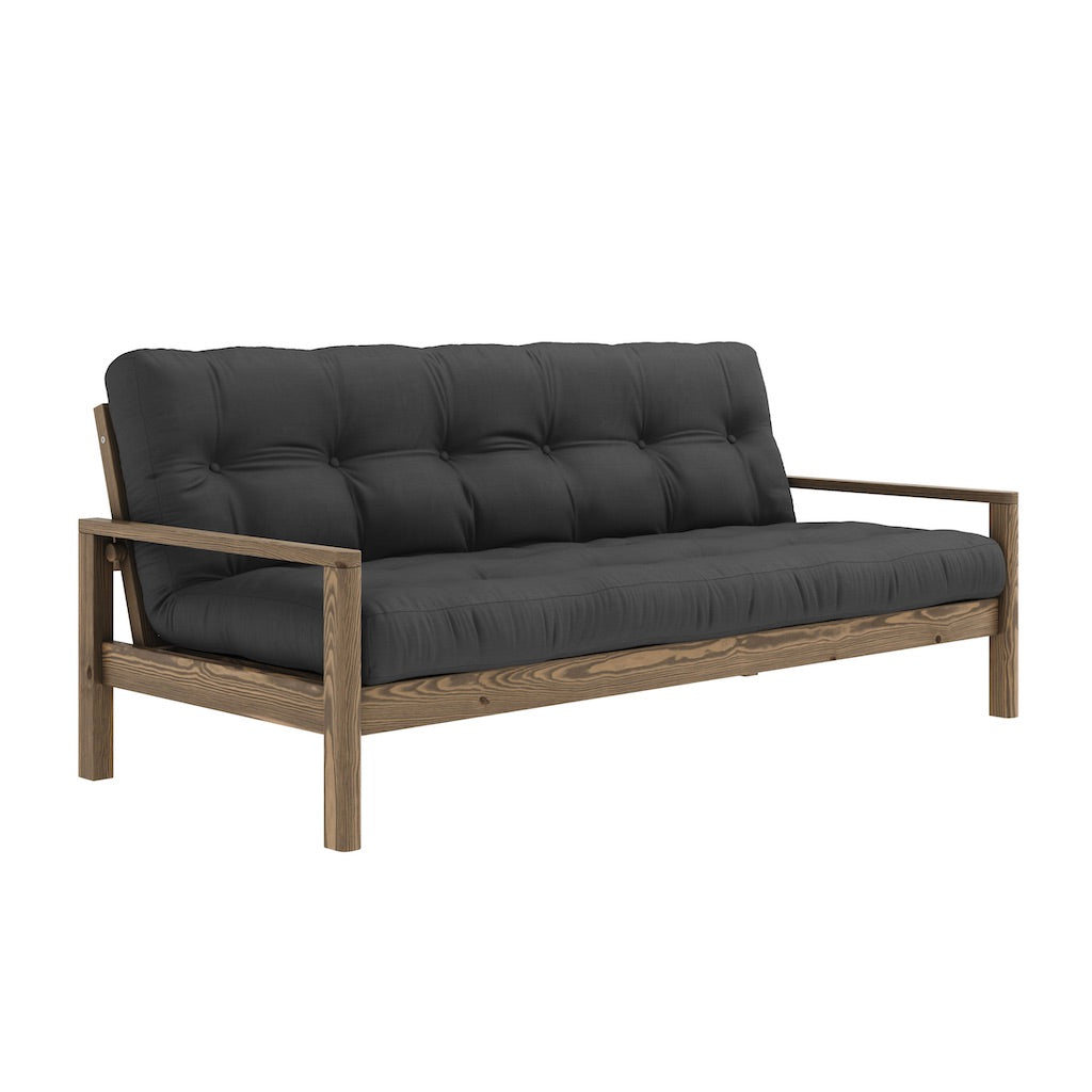 Knob vuodesohva, runko ruskea, kangas Dark Grey.