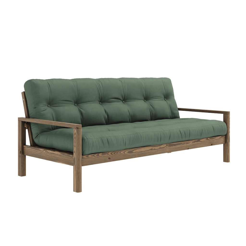 Knob vuodesohva, runko ruskea, kangas Olive Green.