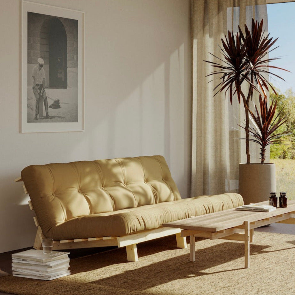 Lean vuodesohva, runko käsittelemätön, futonpatja Wheat Beige.