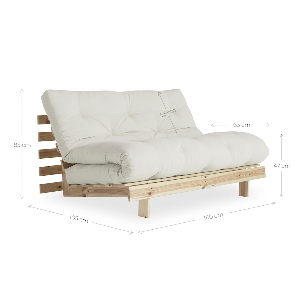 Roots 140 vuodesohvan mitat. Roots 140 vuodesohva, runko käsittelemätön, kangas Natural.