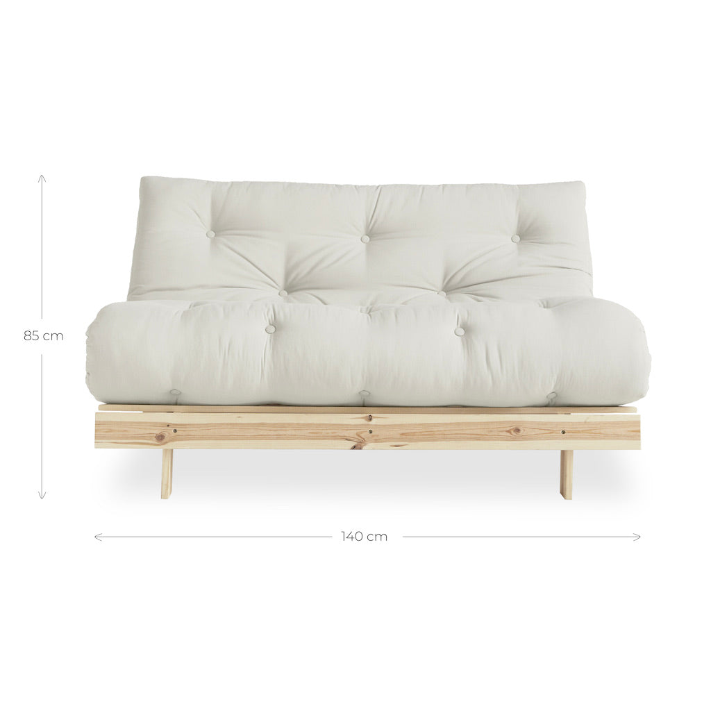 Roots 140 vuodesohvan mitat. Roots 140 vuodesohva, runko käsittelemätön, kangas Natural.