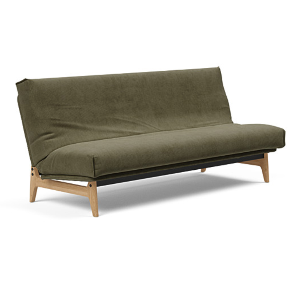 Nordic futonpatjan irtopäällinen 120x200cm  ja rungon selkänojan suojus. Kuvassa myös erikseen tilattavat Aslak runko ja rungon istuinosan suojus. Kangas Cordufine Pine Green.