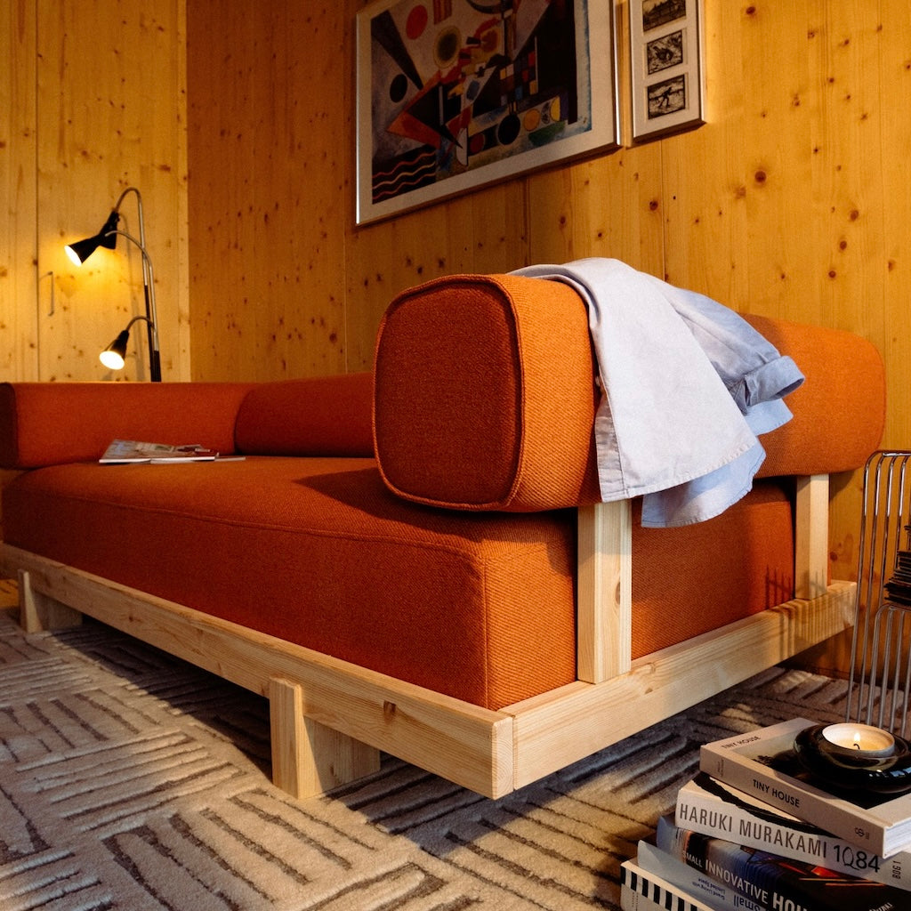 Stay sohva, lähikuva, kangas Vintage Orange.