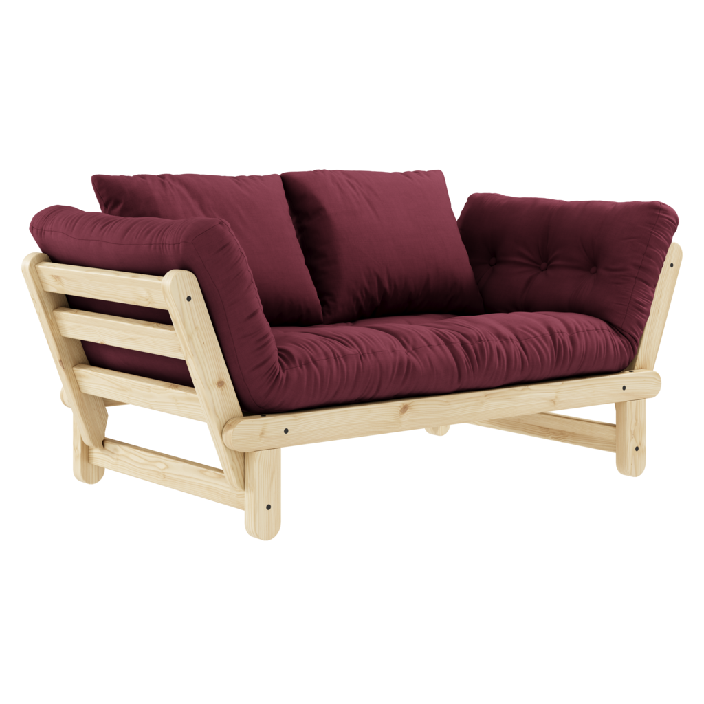 Beat vuodesohvan futonpatja ja tyynyt, kangas Bordeaux. Kuvassa myös Beat vuodesohvan luonnonväriseksi lakattu runko. (Hinta sisältää vain futonpatjan ja kaksi tyynyä.)