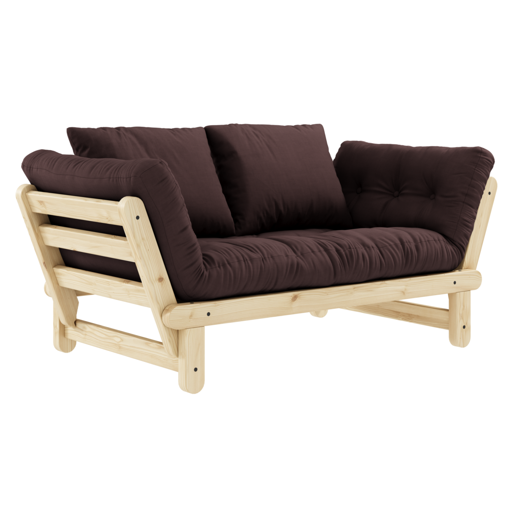 Beat vuodesohvan futonpatja ja tyynyt, kangas Brown. Kuvassa myös Beat vuodesohvan luonnonväriseksi lakattu runko. (Hinta sisältää vain futonpatjan ja kaksi tyynyä.)