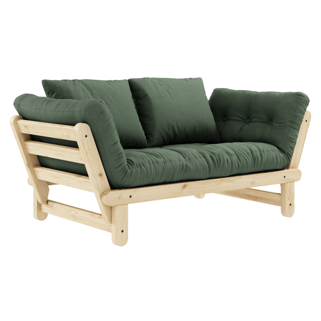 Beat vuodesohvan futonpatja ja tyynyt, kangas Olive Green. Kuvassa myös Beat vuodesohvan luonnonväriseksi lakattu runko. (Hinta sisältää vain futonpatjan ja kaksi tyynyä.)