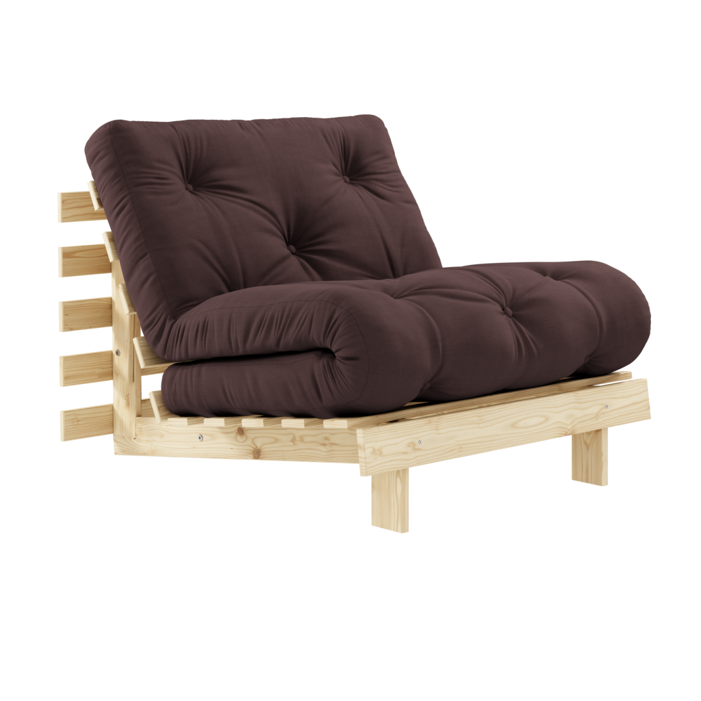 Futonpatja 90x200cm, kangas Brown. Kuvassa myös käsittelemätön Roots 90 vuodetuolin runko. (Hinta sisältää vain patjan.)