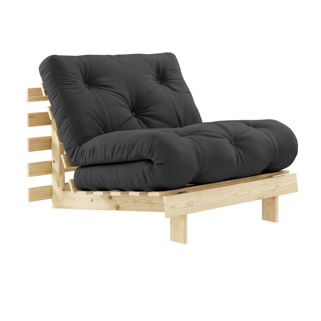 Futonpatja 90x200cm, kangas Dark Grey. Kuvassa myös käsittelemätön Roots 90 vuodetuolin runko. (Hinta sisältää vain patjan.)