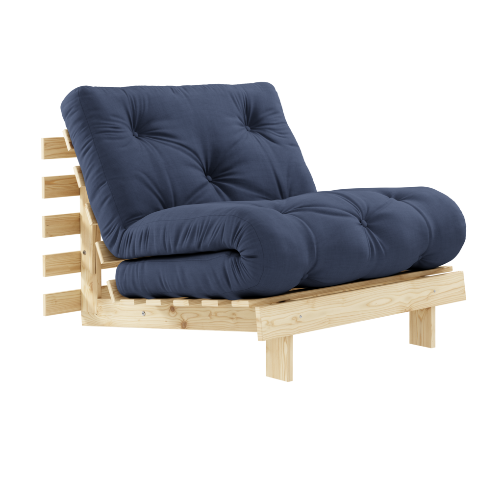 Futonpatja 90x200cm, kangas Navy. Kuvassa myös käsittelemätön Roots 90 vuodetuolin runko. (Hinta sisältää vain patjan.)