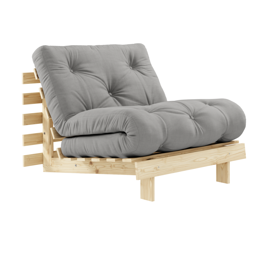 Futonpatja 90x200cm, kangas Grey. Kuvassa myös käsittelemätön Roots 90 vuodetuolin runko. (Hinta sisältää vain patjan.)