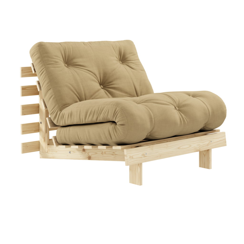 Futonpatja 90x200cm, kangas Wheat Beige. Kuvassa myös käsittelemätön Roots 90 vuodetuolin runko. (Hinta sisältää vain patjan.)