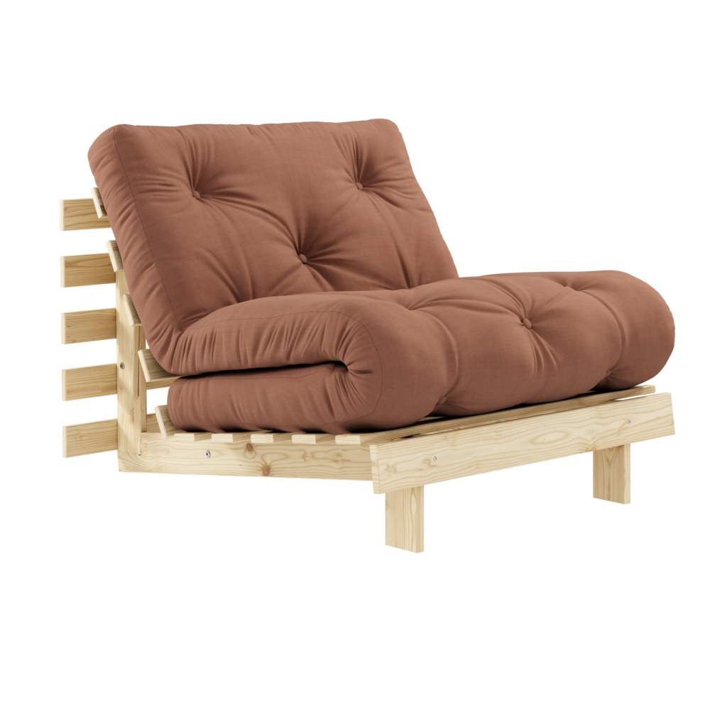 Futonpatja 90x200cm, kangas Clay Brown. Kuvassa myös käsittelemätön Roots 90 vuodetuolin runko. (Hinta sisältää vain patjan.)
