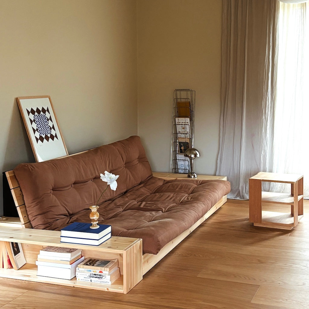 Base vuodesohva sivulaatikoilla, kangas Mocca.