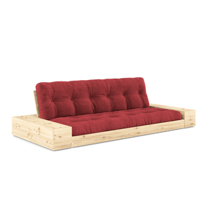 Base vuodesohva laatikoilla, sohva-asennossa. Selkänoja luonnonvärilakattu. Kangas Ruby Red.