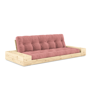 Base vuodesohva laatikoilla, sohva-asennossa. Selkänoja luonnonvärilakattu. Kangas Sorbet Pink.