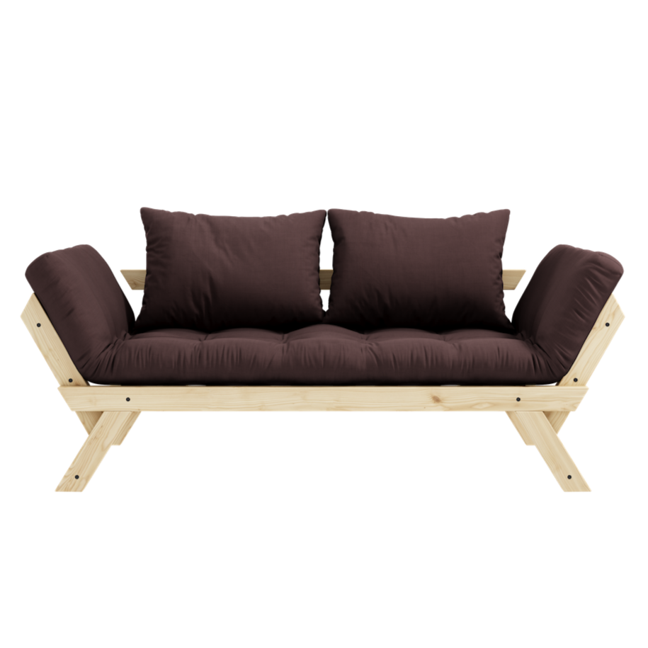 Bebop vuodesohvan futonpatja ja tyynyt, kangas Brown. Kuvassa myös Bebop vuodesohvan luonnonväriseksi lakattu runko. (Hinta sisältää vain futonpatjan ja kaksi tyynyä.)