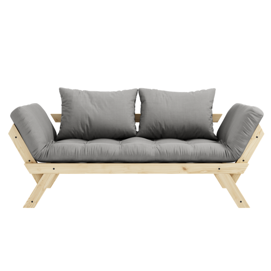 Bebop vuodesohvan futonpatja ja tyynyt, kangas Grey. Kuvassa myös Bebop vuodesohvan luonnonväriseksi lakattu runko. (Hinta sisältää vain futonpatjan ja kaksi tyynyä.)