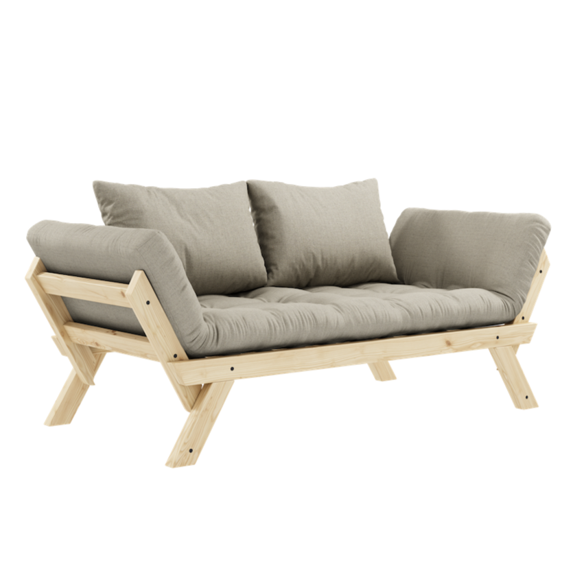 Bebop vuodesohvan futonpatja ja tyynyt, kangas Linen. Kuvassa myös Bebop vuodesohvan luonnonväriseksi lakattu runko. (Hinta sisältää vain futonpatjan ja kaksi tyynyä.)