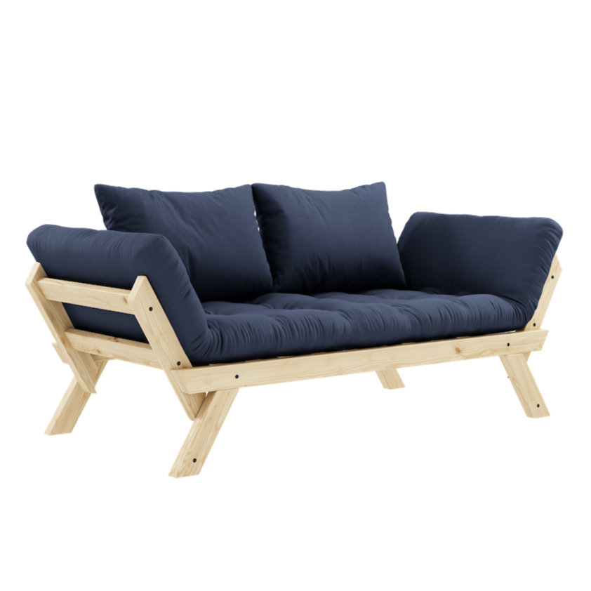 Bebop vuodesohvan futonpatja ja tyynyt, kangas Navy. Kuvassa myös Bebop vuodesohvan luonnonväriseksi lakattu runko. (Hinta sisältää vain futonpatjan ja kaksi tyynyä.)