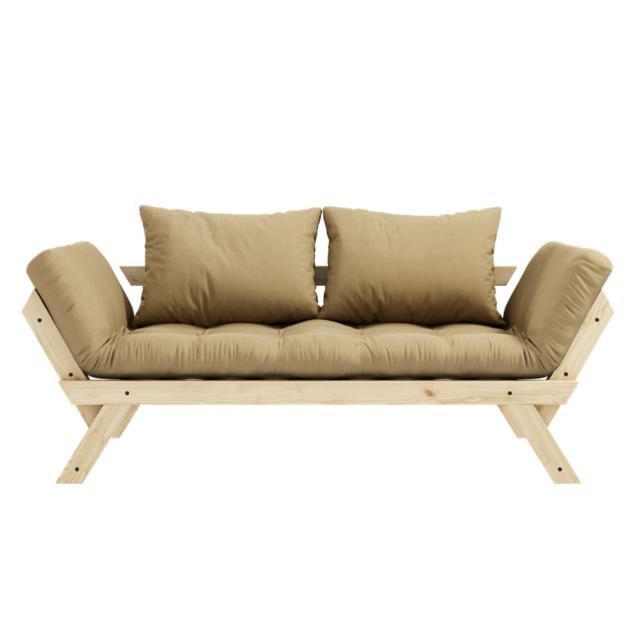 Bebop vuodesohvan futonpatja ja tyynyt, kangas Wheat Beige. Kuvassa myös Bebop vuodesohvan luonnonväriseksi lakattu runko. (Hinta sisältää vain futonpatjan ja kaksi tyynyä.)