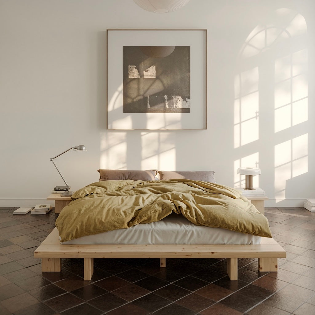 Käsittelemättömät Japan yöpöydät integroituna samanväriseen Japan sänkyrunkoon.