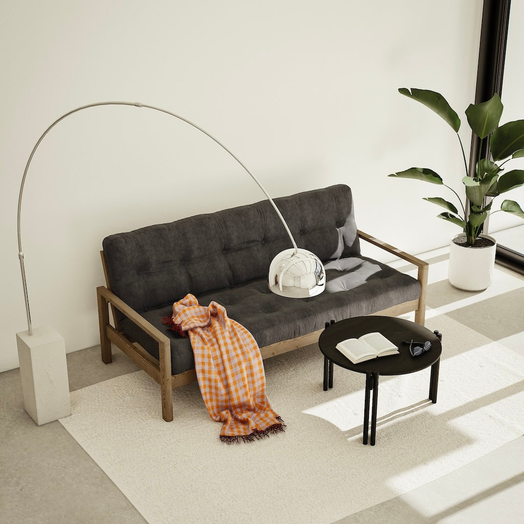 Knob vuodesohva, runko ruskea, kangas Charcoal.