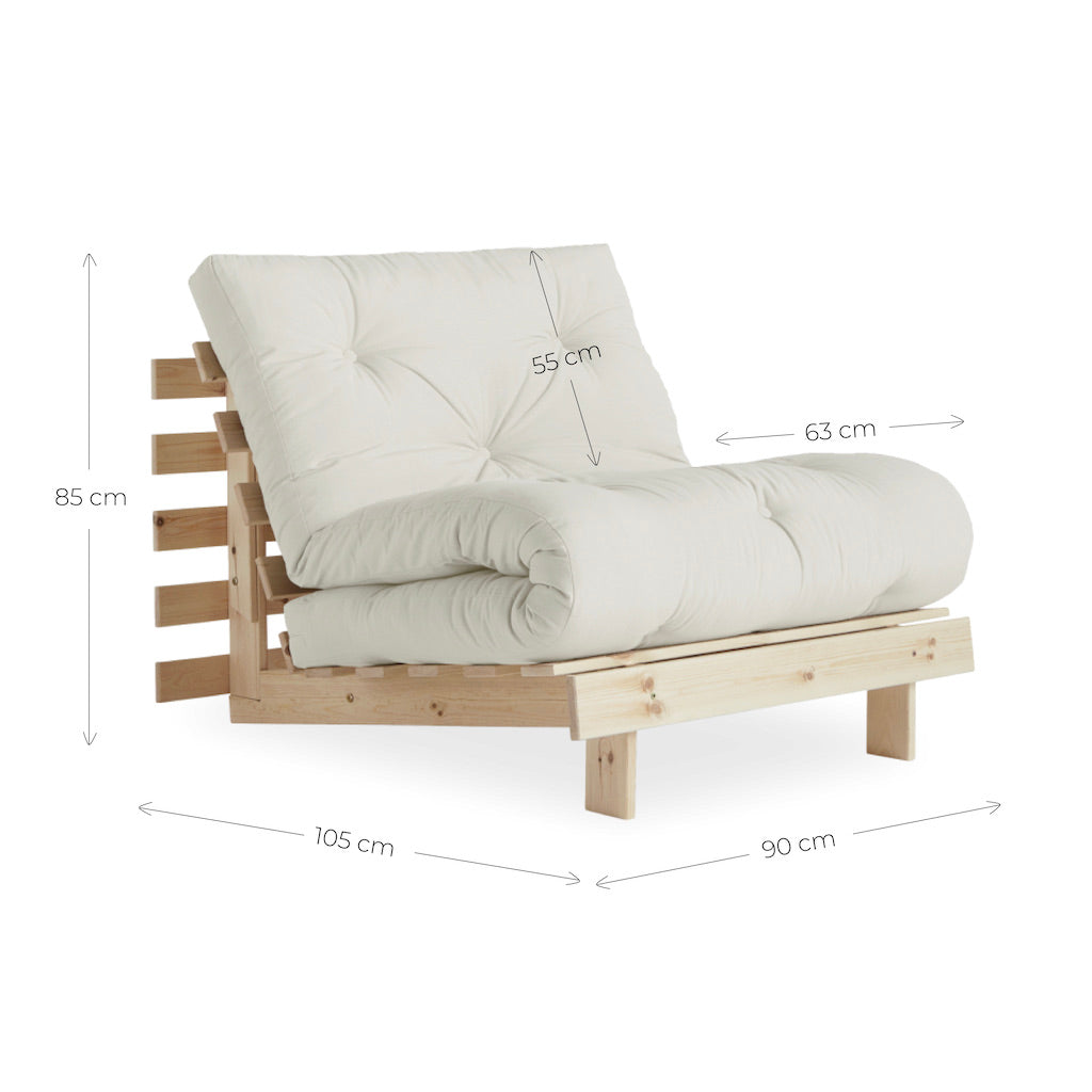 Roots 90 vuodetuolin mitat. Kuvassa Roots 90 vuodetuoli, runko käsittelemätön, kangas Natural.