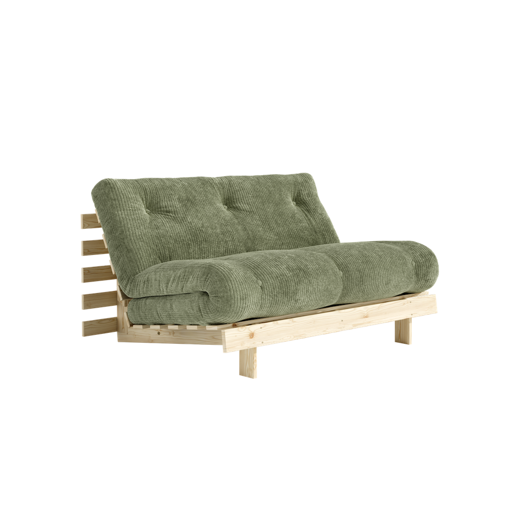 Roots 140 vuodesohva sohva-asennossa. Futonpatjan samettikangas Mega Corduroy, väri Khaki Green. Runko käsittelemätöntä massiivimäntyä. 