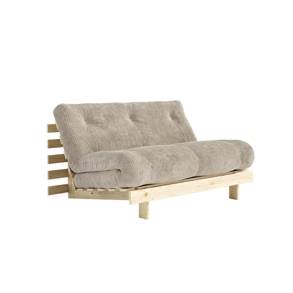 Roots 140 vuodesohva sohva-asennossa. Futonpatjan samettikangas Mega Corduroy, väri Soft Cream. Runko käsittelemätöntä massiivimäntyä. 