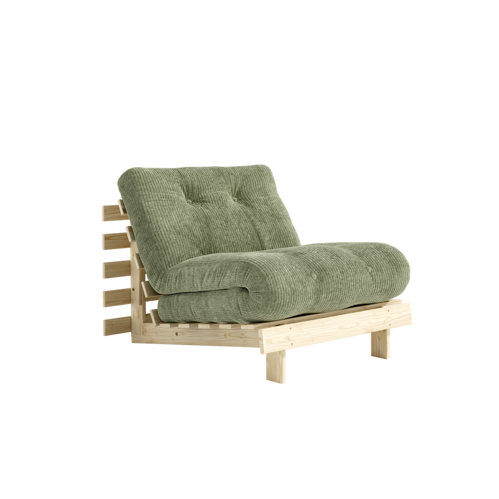 Roots 90 vuodetuoli tuoliasennossa. Futonpatjan samettikangas Mega Corduroy, väri Khaki Green. Runko käsittelemätöntä massiivimäntyä.