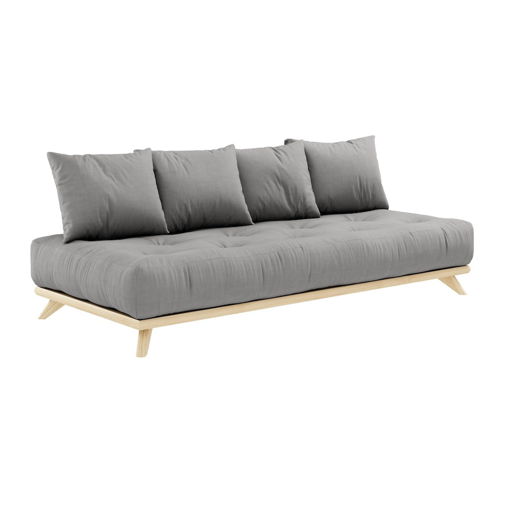 Vuodesohvan futonpatja ja tyynyt, kangas Grey. Kuvassa myös Senza vuodesohvan runko. (Hinta sisältää vain futonpatjan ja neljä tyynyä.)