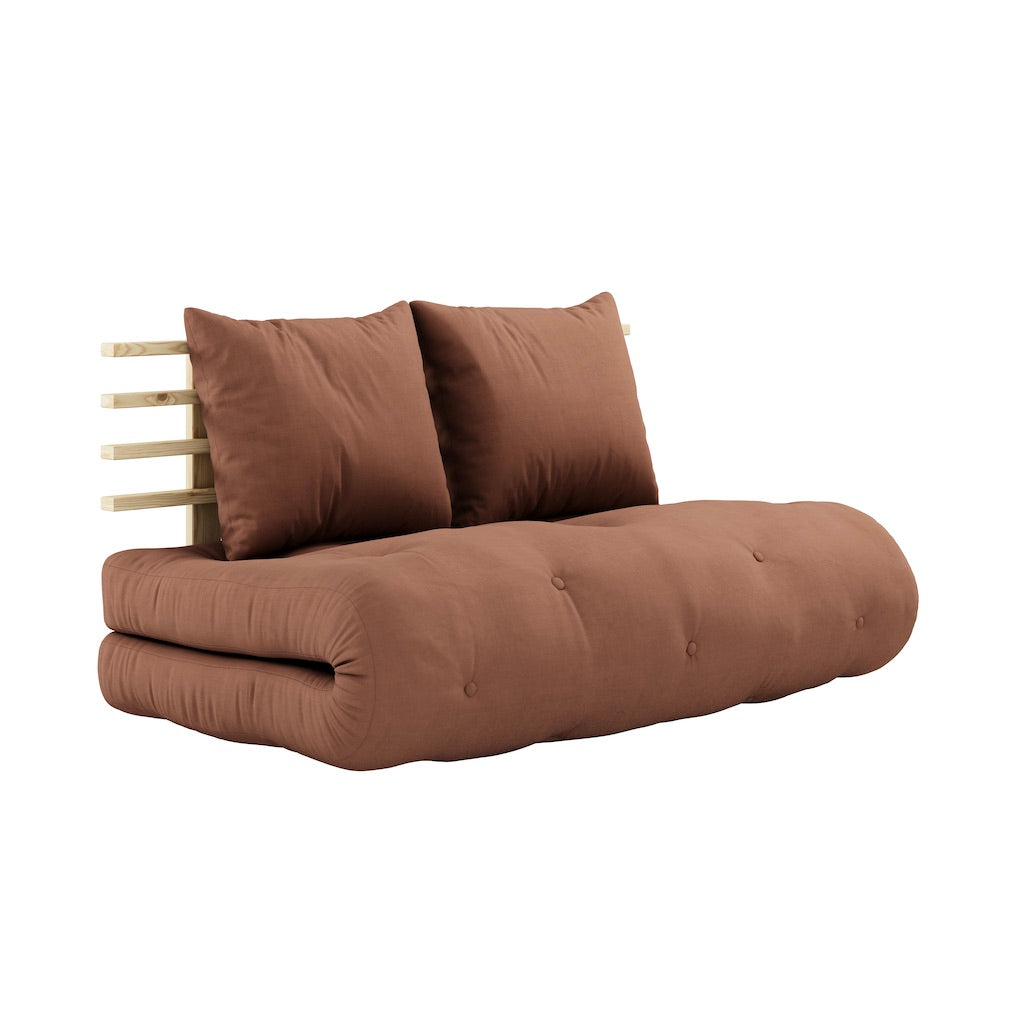 Shin Sano vuodesohvan futonpatja, kangas Clay Brown. Kuvassa myös Shin Sano vuodesohvan runko. (Hinta sisältää vain futonpatjan.)