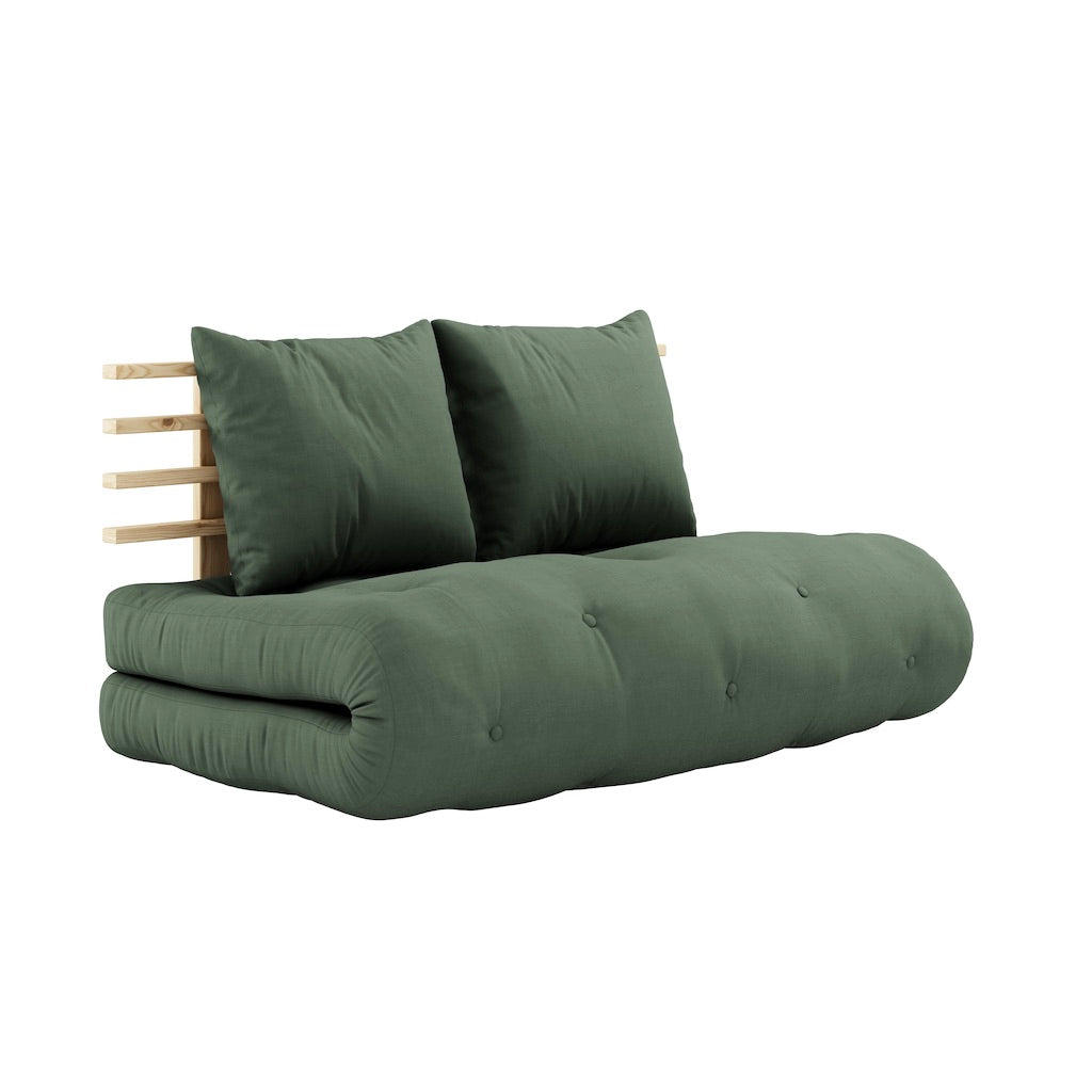 Shin Sano vuodesohvan futonpatja, kangas Olive Green. Kuvassa myös Shin Sano vuodesohvan runko. (Hinta sisältää vain futonpatjan.)