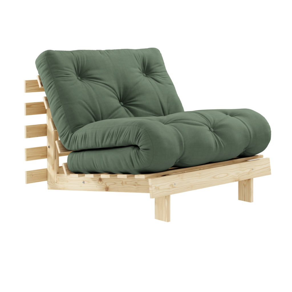 Roots 90 vuodetuoli, runko käsittelemätön, kangas Olive Green.