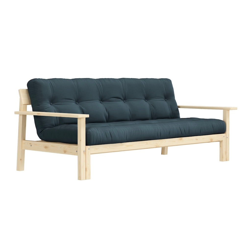 Unwind vuodesohva, runko luonnonvärinen, kangas Petrol Blue.