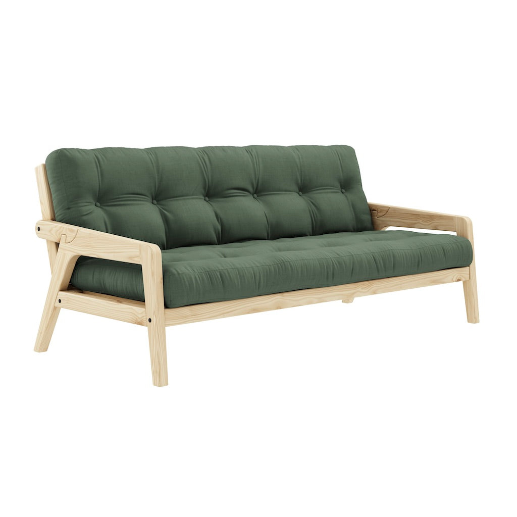 Grab vuodesohva, runko luonnonvärilakattu, patja Olive Green.