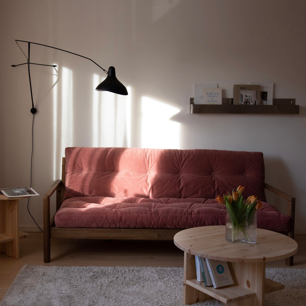 Knob vuodesohva, runko luonnonvärinen, kangas Sorbet Pink.