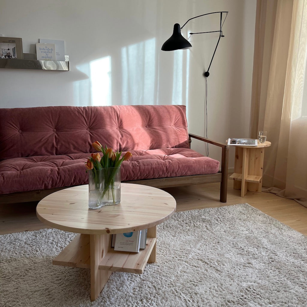 Knob vuodesohva, runko luonnonvärinen, kangas Sorbet Pink.