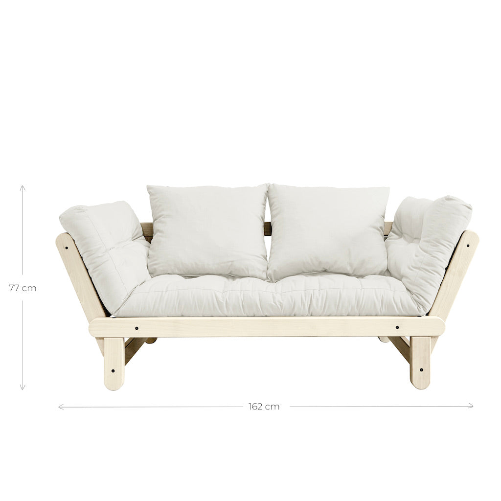 Beat vuodesohvan mitat. Kuvassa Beat vuodesohva, runko luonnonvärinen, kangas Natural.