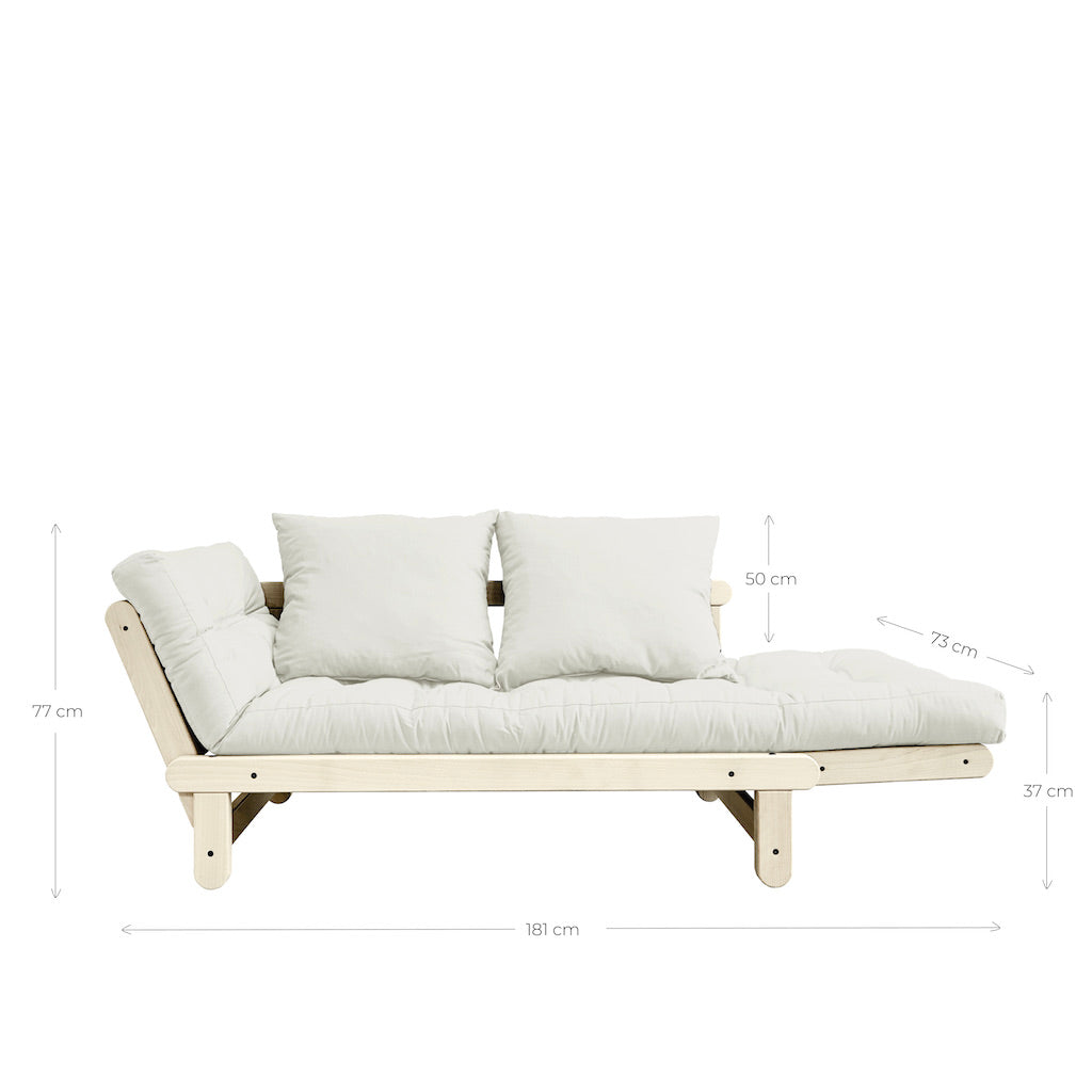 Beat vuodesohvan mitat. Kuvassa Beat vuodesohva, runko luonnonvärinen, kangas Natural.