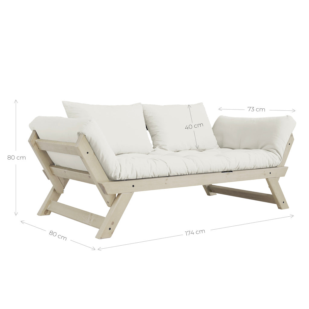 Bebop vuodesohvan mitat. Kuvassa Bebop vuodesohva, runko luonnonvärinen, kangas Natural.