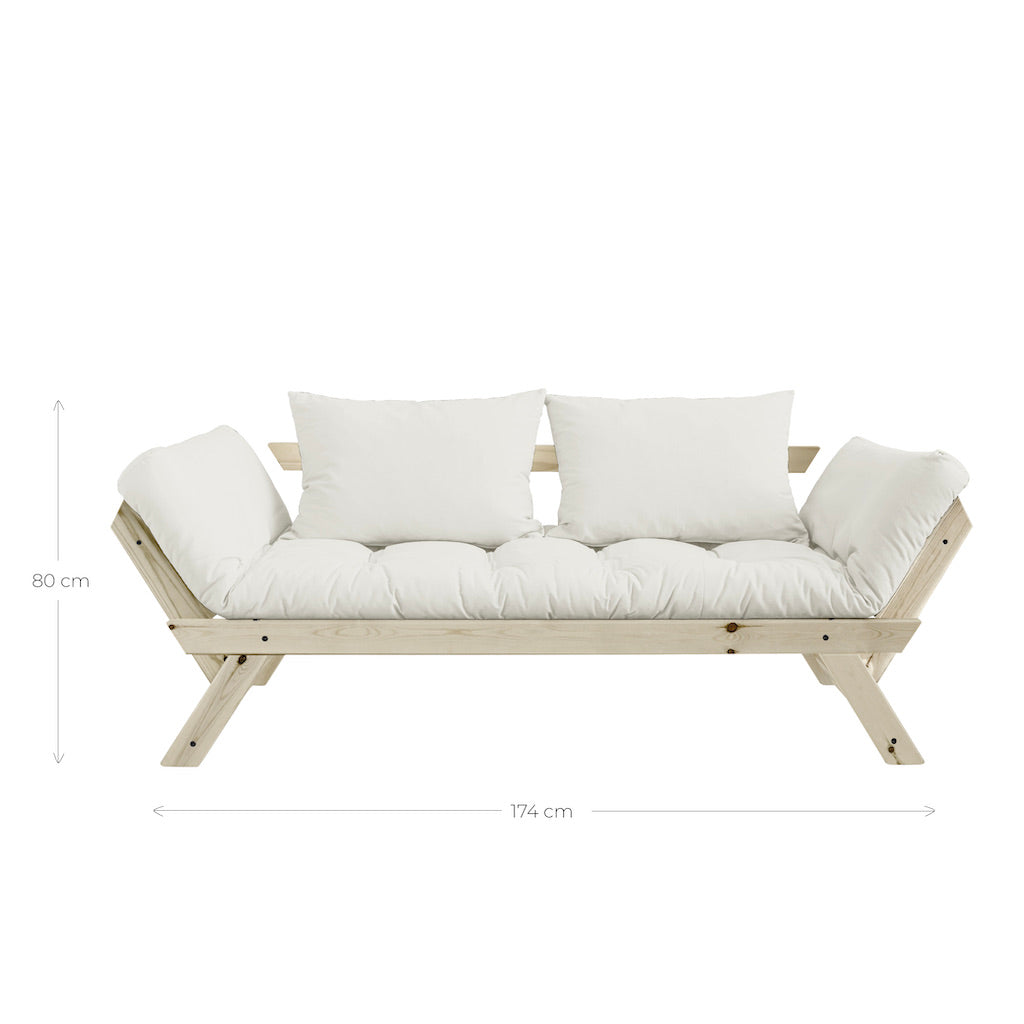 Bebop vuodesohvan mitat. Kuvassa Bebop vuodesohva, runko luonnonvärinen, kangas Natural.