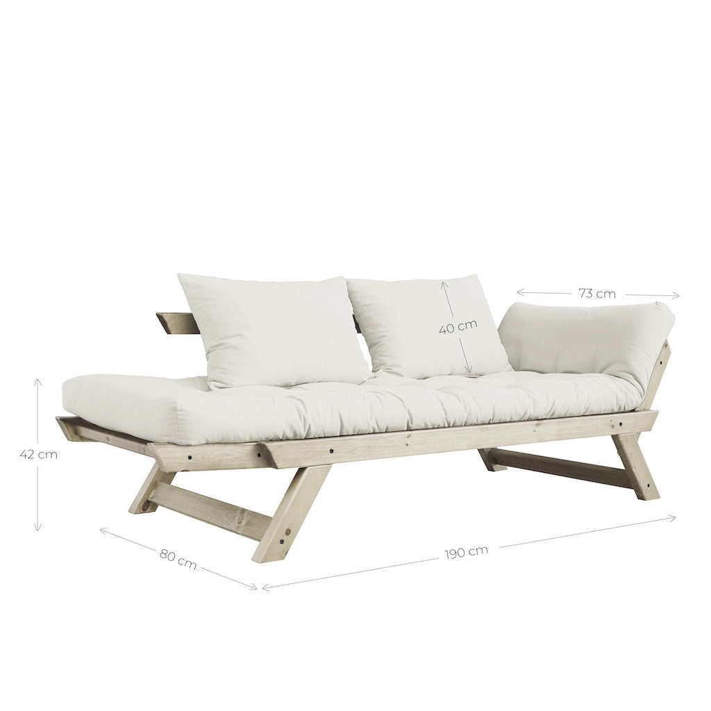 Bebop vuodesohvan mitat. Kuvassa Bebop vuodesohva, runko luonnonvärinen, kangas Natural.