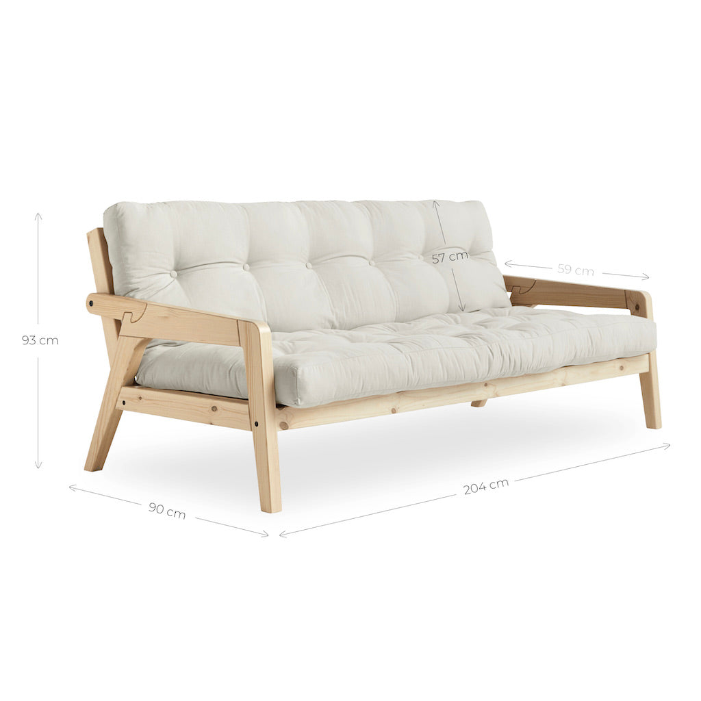 Grab vuodesohvan mitat. Kuvassa Grab vuodesohva, runko luonnonvärinen, kangas Natural.